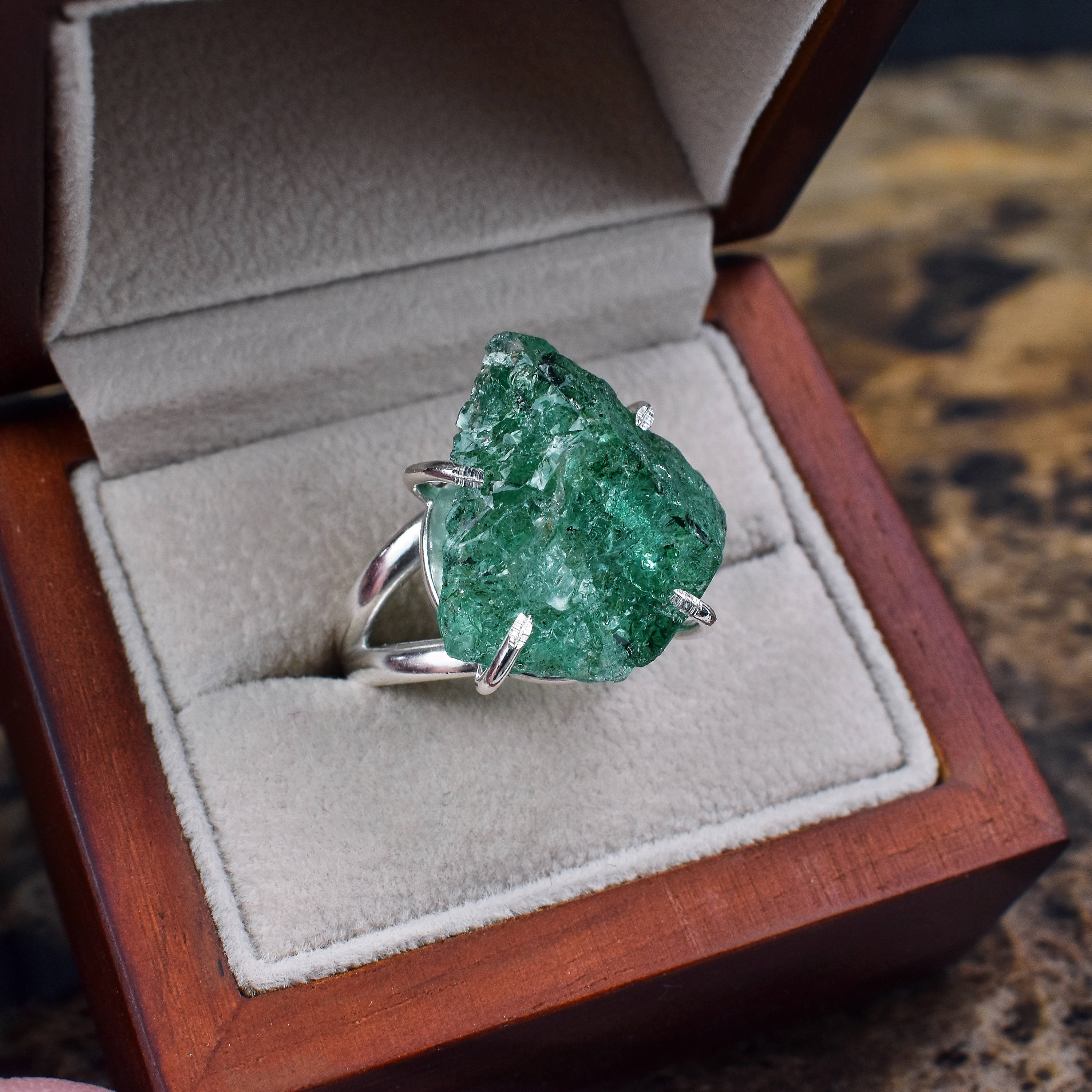 Large Raw Emerald Ring Natural Gemstone Uncut Emerald