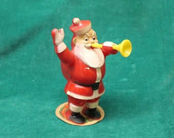 Vintage E Rosen Rosbro Celluloid SANTA with HORN Candy Dispenser plastic Santa trumpet on cardboard maker's label