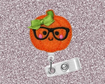 Pumpkin, Nerdy, ID Badge Reel, Fall Harvest, Retractable Badge Holder, Badge Reel, Badge Clip, Nurse Gift, Cute Badge Reel, Felt Badge Reel