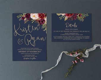 Wedding Invitation | Printable Wedding Invitation | Wedding invitations | Navy Gold Marsala Wedding | Wedding Invites | Lucy Suite
