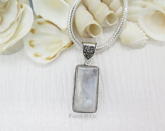 Antique Rainbow Moonstone Sterling Silver Pendant and Chain