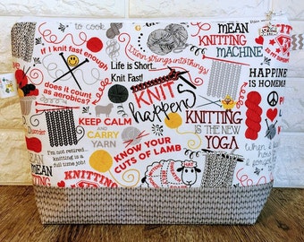 Project Bag, Knitting Project Bag, Knitting Quotes Bag, Knitting Bag, Zippered Project Bag, Knitting bag Zipper, Wedge Project Bag