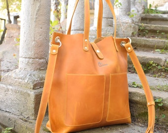 Yellow leather bag, Camel Leather Tote, Big leather tote, Leather tote woman, Large leather tote, Leather tote women, Leather handbag