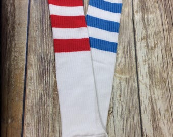 Blue and Red stripe leg warmers combo for Harley Quinn outfit Halloween Costume for kids. Harley Quinn leggings. Harley Quinn socks