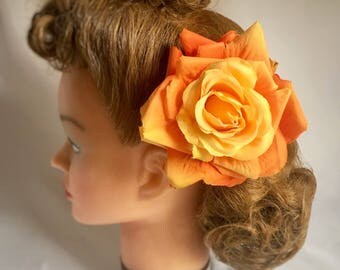 Rose hair flower clip, handmade, orange hair flower, gift for her, vintage style, large hair flower, large rose, 40s style, large rose,