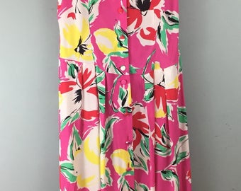 Richards VINTAGE 1980s bright pink big floral print tea dress uk 10/12