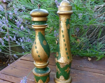 Vintage Tall Florentine Green Gold Salt Shaker Pepper Grinder - Made in Italy