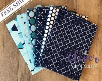 6 PCs Fat Quarter Bundle - Various Navy Prints by Riley Blake Designs (100% Cotton Quilting Fabric)