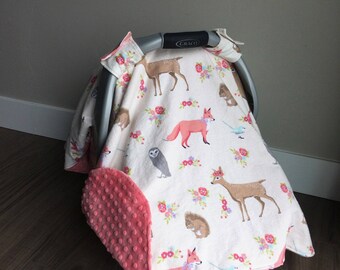 Car Seat Canopy | Woodland Animal Flannel | Coral Pink Minky Bottom | Deer Fox Owl Floral Girl Girl Carseat Cover Carseat Canopy