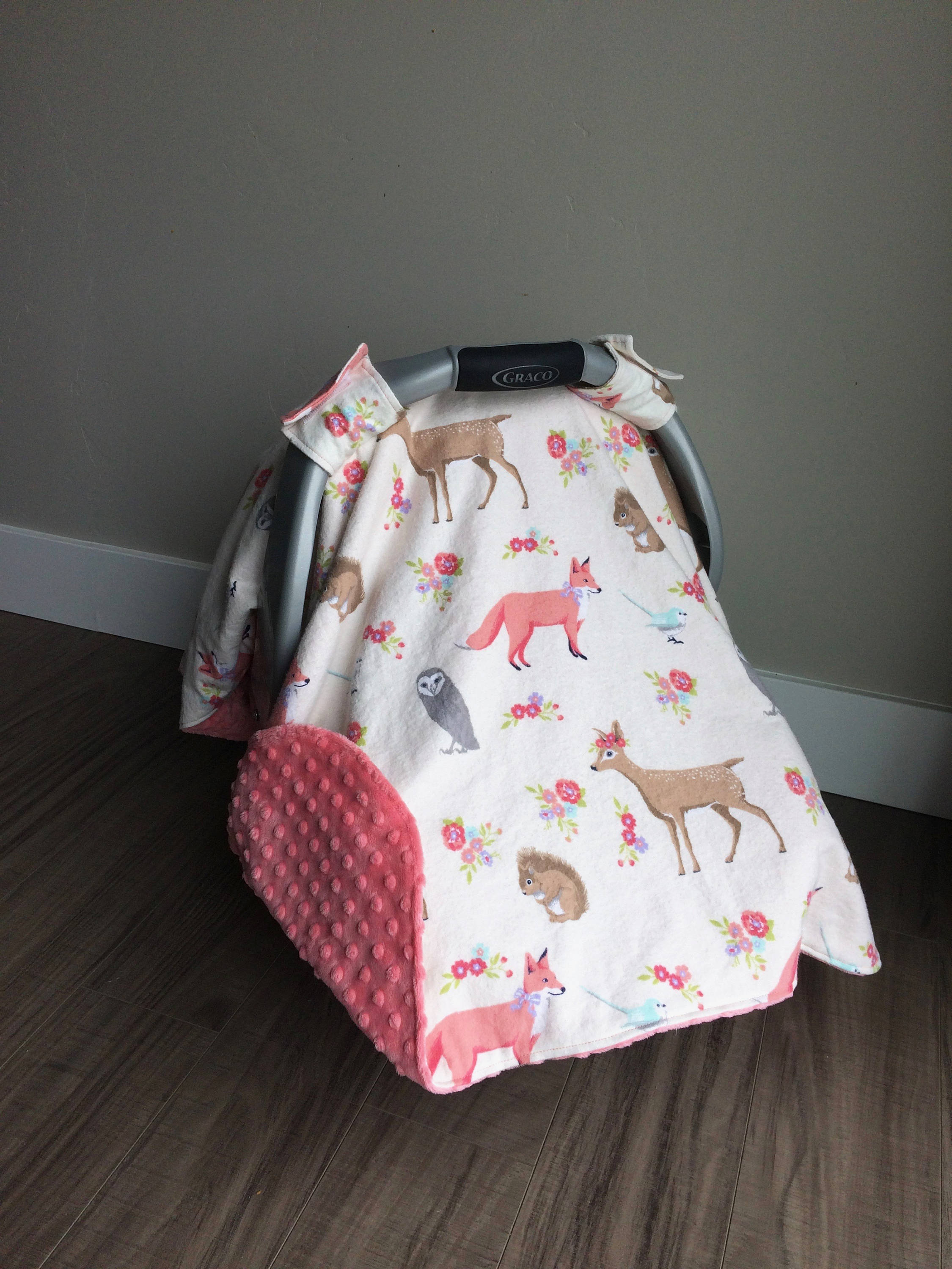 Car Seat Canopy Woodland Animal Flannel Coral Pink Minky