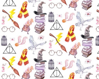 Potter Symbols Fabric by the Yard. Quilting Cotton Organic Knit Jersey Minky. Magic HP Wizards Wizard Harry Movie Glasses Kids