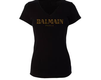 Balmain Paris Inspired Gold Metallic V-Neck or Basic Womans T-Shirt