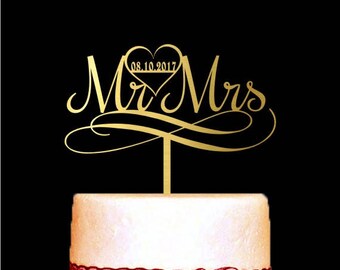 Mr and Mrs Cake Topper, Custom Date, Gold Cake Topper, Heart, Modern Cake Topper, Wedding Decorations, Party Decor, Soon to be Mrs