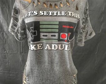 Nintendo | Graphic| Shredded | Repurposed | Distressed | Chains | Tee Shirt