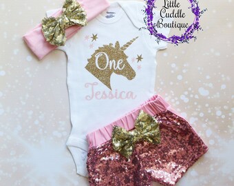 Personalized Unicorn First Birthday Outfit, Girl First Birthday Outfit, Unicorn Outfit, Pink Birthday Outfit, Seaquin Shorts, Unicorn Shirt