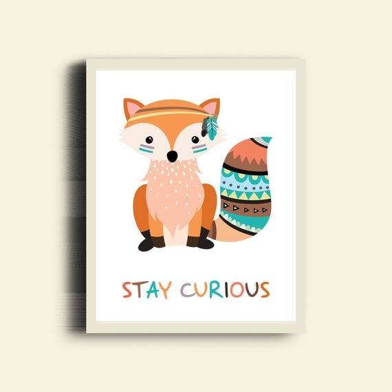 Stay Curious Nursery Print, Tribal Forest Nursery Art, Fox Printable, Neutral Nursery Decor, Instant Digital Download, Kids Play Room Art