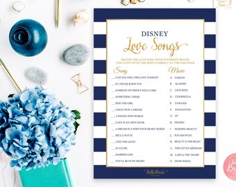 Disney Love Songs Bridal Shower Game - Navy and Gold - Bridal Shower Game - Match the Disney Love Songs - Instant Download - NB001