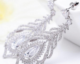 Bridal Dangle Earrings Wedding Earrings Feather Crystal Earrings Zirconia Feather Earrings Wedding Zirconia Earrings Silver Wedding Jewelry