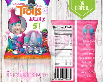 Trolls Favor Bags - Custom Chip Bags - Trolls Birthday - Trolls Party - Trolls Birthday Party - Digital - Printable - Printed - Chip Bags