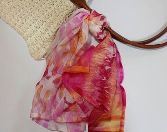 delicate silk foulard hand dyed with the arashi shibori technique/pink and orange/stole/scarf/100%silk 24x24 in