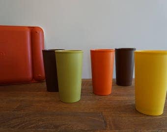 Vintage Tupperware Brand Plastic Cups set of 5 Brown Yellow Orange Green