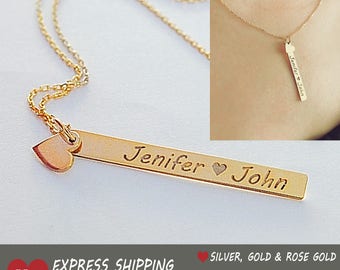 Vertical Bar Necklace with Heart • Custom Name Necklace Bar • Engraved Gold Bar Necklace• Bridesmaid Gift For Her• Christmas Gifts For Women