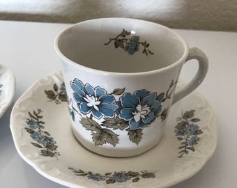 Blossomtime Staffordshire Blue Floral Tea Cups and Saucers- Hand Decorated- Made in England