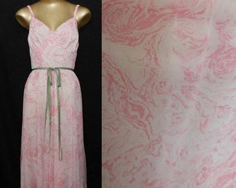 ON SALE Vintage 50s Van Raalte Myth Goddess Nightgown Pink Floral Roses with Green Ribbon Belt, Romantic Bridal, Size 36 M Medium