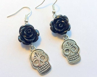 Sugar Skull Earrings Day of the Dead Silver Sugar Skull Charm and Black Resin Roses
