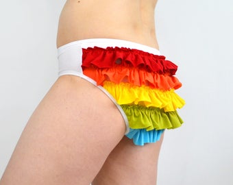 Rainbow frilly panties lingerie on white with ruffles underwear