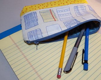 Small Yellow Zipper Pouch, school paper print, gusset bottom sturdy carry-all, Organizer pouch, travel pouch, cosmetics, zippered bag