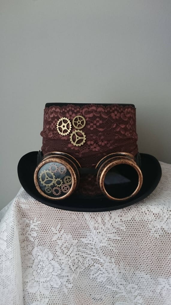 Steampunk Hat Lace Decoration Top Hat - lace bronze Brown lace hat tophat black lace steampunk - WITH or WITHOUT GOGGLE by Poppenkraal steampunk buy now online