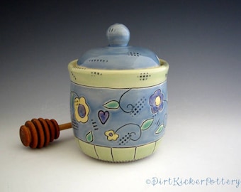 Honey Pot in Blue and Lime with Summer Flowers - Pottery Honey Jar - by DirtKicker Pottery