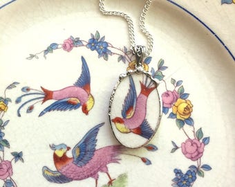 Broken china jewelry necklace pendant - antique colorful bird of paradise - made from antique broken china 1920