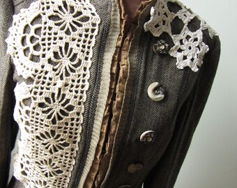 Brown Herringbone Jacket, Upcycled Blazer, Embellished Jacket, Womens Shabby Chic Clothing, Tweed Ruffle Jacket, Upcycled Recycled Clothing