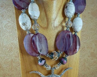 Western Cowgirl Necklace Set - Chunky White Howlite - Purple Agate - Crystal Texas Longhorn Pendant