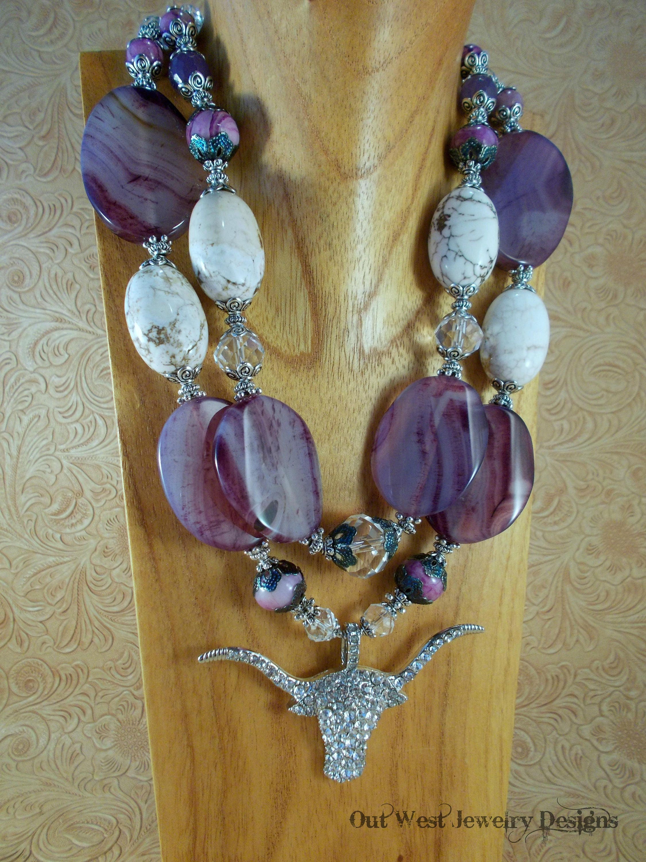 Western Cowgirl Necklace Set Chunky White Howlite Purple