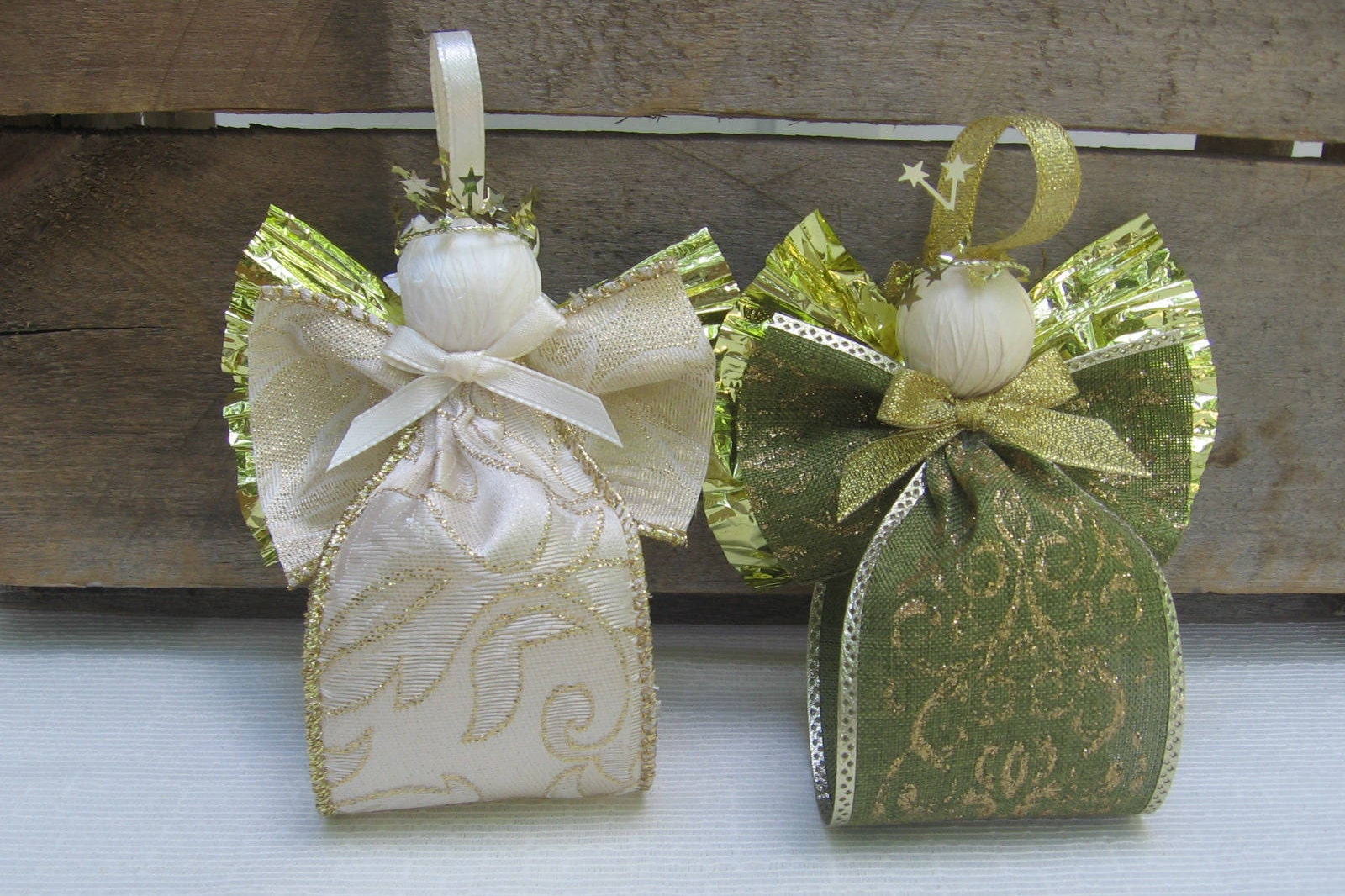 Fabric Ribbon Angel Ornaments / Gold Trimmed Angel / Tree