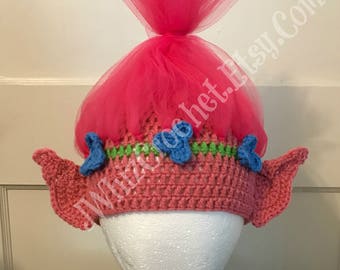 Crochet Poppy Trolls Hat, Size Newborn, 3 Month, 6 Month, 1 year, 2T, 3T, 4T, 5T, Adult, Teen, Child, Toddler, Poppy Costume, Tulle Wig Hat