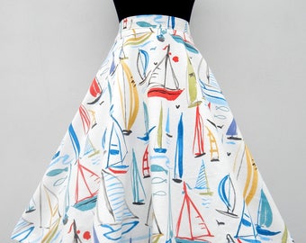 The Mediterranean 50s style circle skirt, custom made vintage inspired boats print skirt