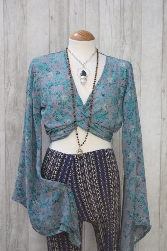 FLORAL CROP TOP - Bell sleeve crop top- Silk Tie Top- Vintage- Festival Top- Hippie- Retro- 70s- Crop Top- 100% Silk- Couture