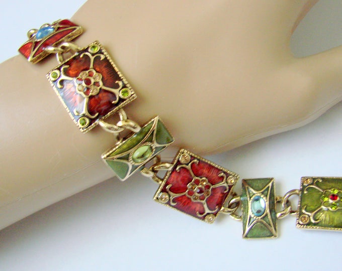 Liz Claiborne Enamel Rhinestone Panel Bracelet / Designer Signed / Olive Green / Cranberry Red / Costume Jewelry / Jewellery