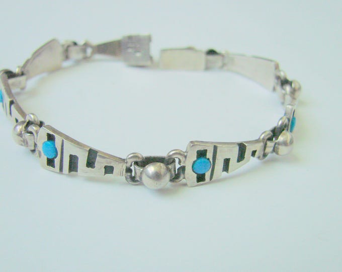 Vintage Mexico Turquoise Sterling Modernist Bracelet / 925 / 19 Grams / Artisan Jewelry / Jewellery