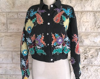 90's Jacket Ethnic Boho Mirror Jacket Vintage Cropped Top Embroidered Glitter Bomber Jacket Princess Cropped Jacket Mexican Frida Top