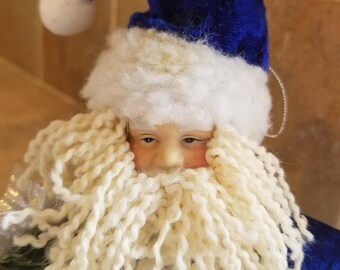 Small Vintage Santa Claus Doll in blue suit Decorative stuffed doll hanging string doll, cute on large Christmas package,