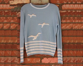Vintage 1970's Seagull sweater blue and raised embroidery super rad