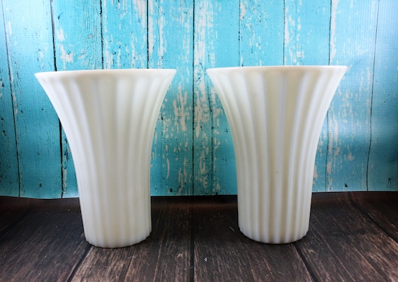 2 Large Striped Milk Glass Vases, Trumpet Vases, Wedding, centerpiece, shabby chic, rustic, farmhouse, white vase, bud vase, Home decor Il_570xn