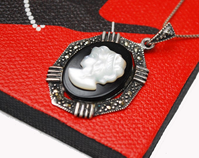 Cameo necklace - Sterling Silver Marcasite - White Mother of Pearl - black Onyx - Women profile