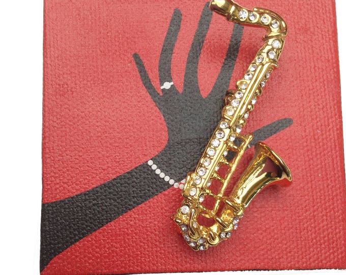 Saxophone Brooch - gold - rhinestone- music instrament - figurine pin