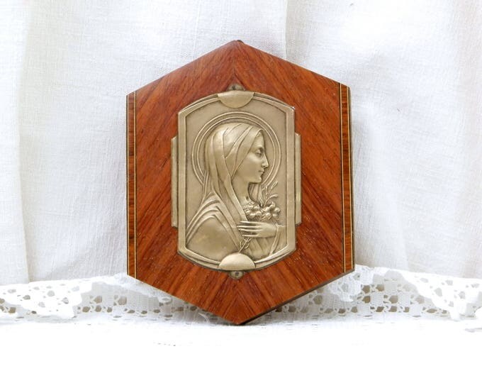 Vintage Art Deco French Bas Relief of St Theresa Brass and Exotic Wood Wall Hanging, Religious Profile of Saint Therese, Catholic Picture